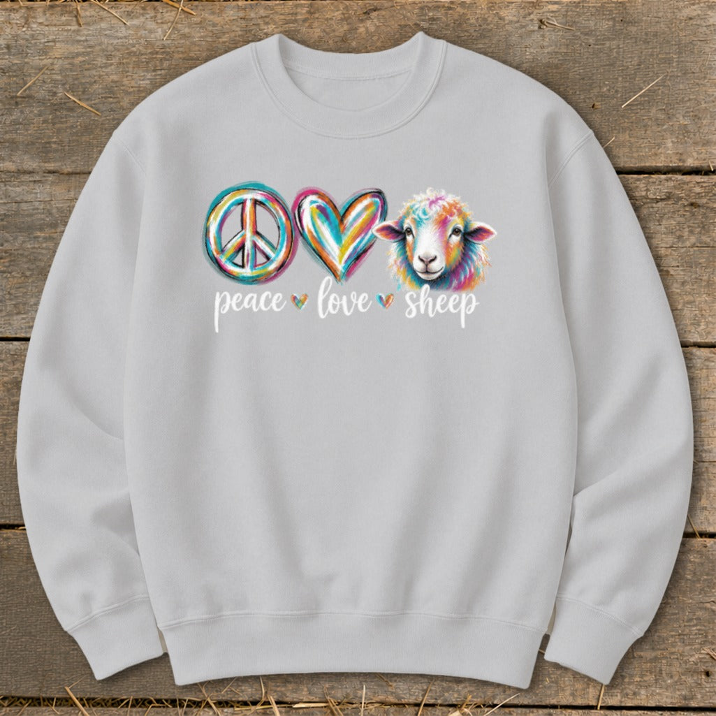 Gray sweatshirt with "peace love sheep" and colorful peace sign, heart, and sheep graphic.
