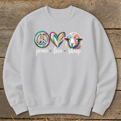 Gray sweatshirt with "peace love sheep" and colorful peace sign, heart, and sheep graphic.