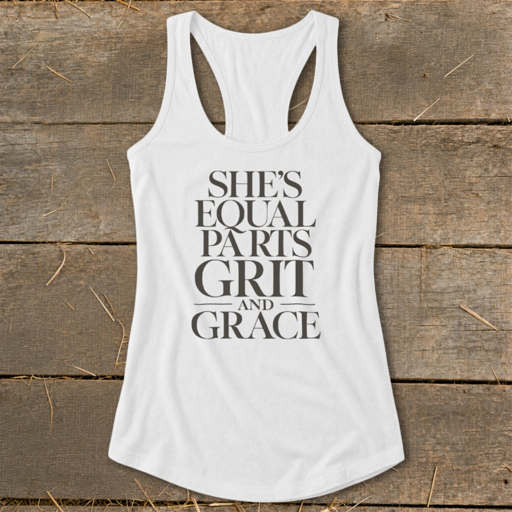 White tank top with text "She's Equal Parts Grit and Grace".
