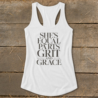 White tank top with text "She's Equal Parts Grit and Grace".