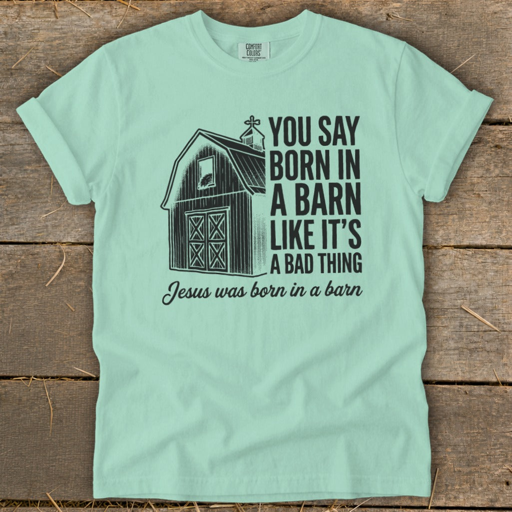 Light mint green t-shirt with "You say born in a barn like it's a bad thing. Jesus was born in a barn" text.