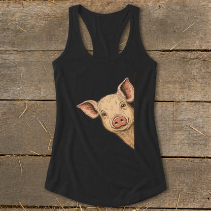 Black tank top with a peeking pig graphic.