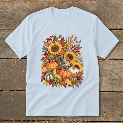 Light blue t-shirt with watercolor autumn harvest design featuring pumpkins, sunflowers, and chickens.