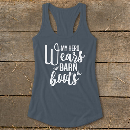 Gray racerback tank top with white text "MY HERO Wears BARN boots".