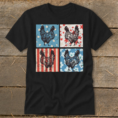 Black t-shirt with four squares featuring a distressed patriotic chicken design.