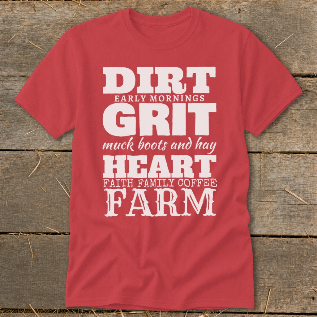Red t-shirt with white text: DIRTY, GRIT, HEART, FARM.