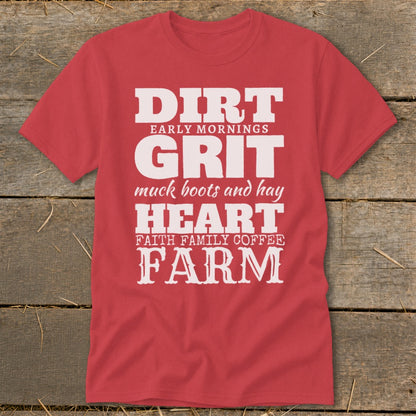 Red t-shirt with white text: DIRTY, GRIT, HEART, FARM.
