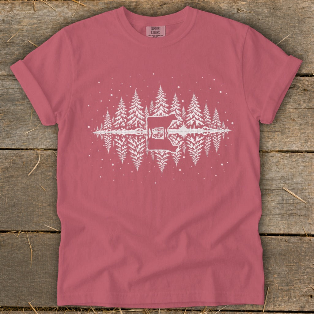 Rose t-shirt with white Christmas trees and guitar reflection graphic.