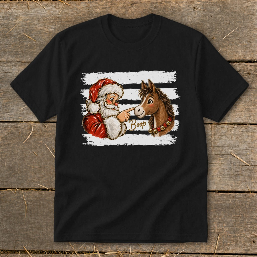 Santa booping a horse's nose, with "Boop" text on a black t-shirt.