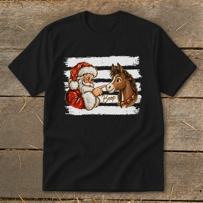 Santa booping a horse's nose, with "Boop" text on a black t-shirt.