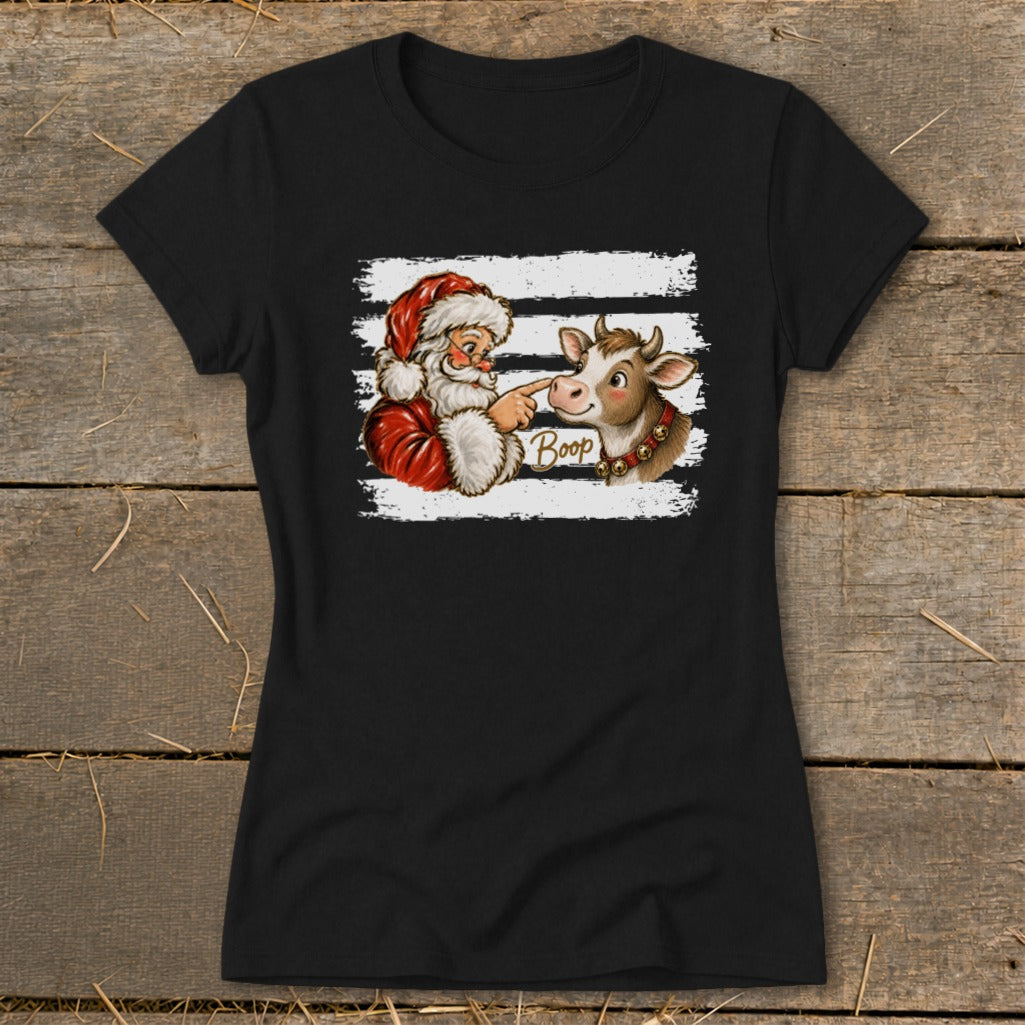 Santa booping a cow with the word "Boop" on a black t-shirt.