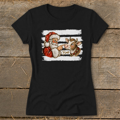 Santa booping a cow with the word "Boop" on a black t-shirt.