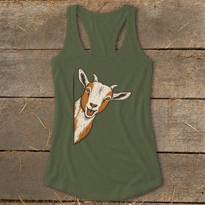 Green tank top with illustration of a peeking goat.