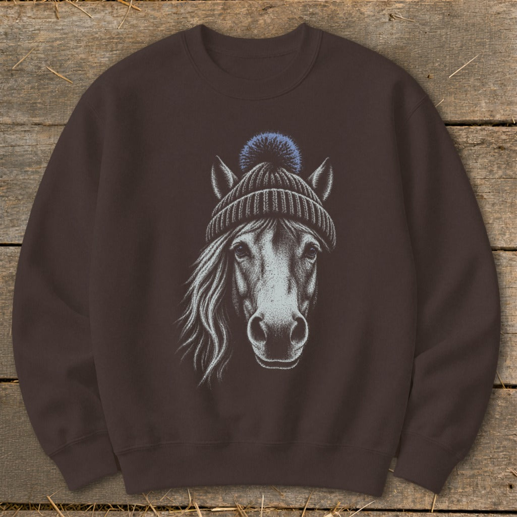 Brown sweatshirt with a white sketch of a horse wearing a knit hat and pompom.