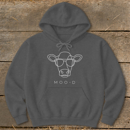 Dark grey hoodie with white line art of a cow wearing sunglasses and text "MOO-D".