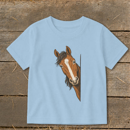 Light blue t-shirt with a drawing of a horse peeking from the side.