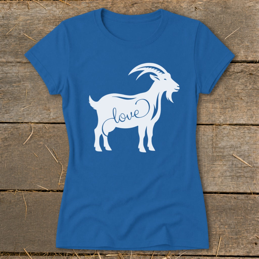 Blue t-shirt with a white goat graphic containing the word "love".