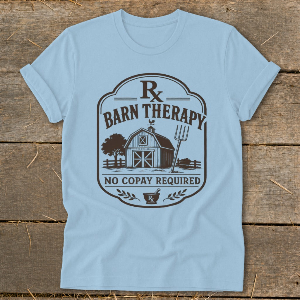Light blue t-shirt with "Barn Therapy No Copay Required" graphic featuring a barn, pitchfork, and Rx symbol.