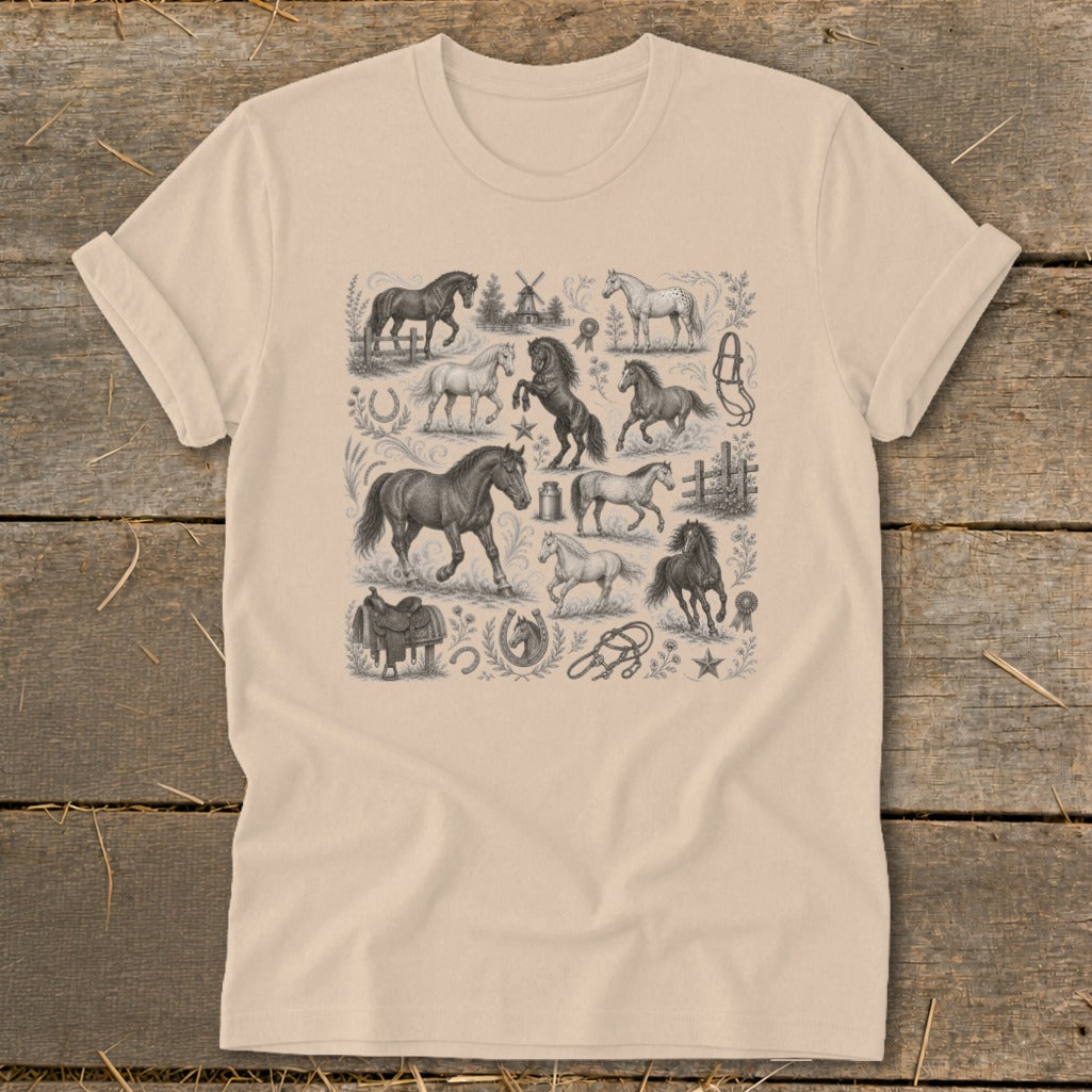 T-shirt with a collage of horse illustrations and equestrian gear.