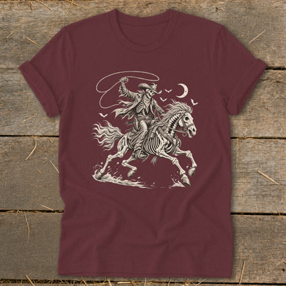 Skeleton cowboy riding a skeleton horse with a lasso under a crescent moon.