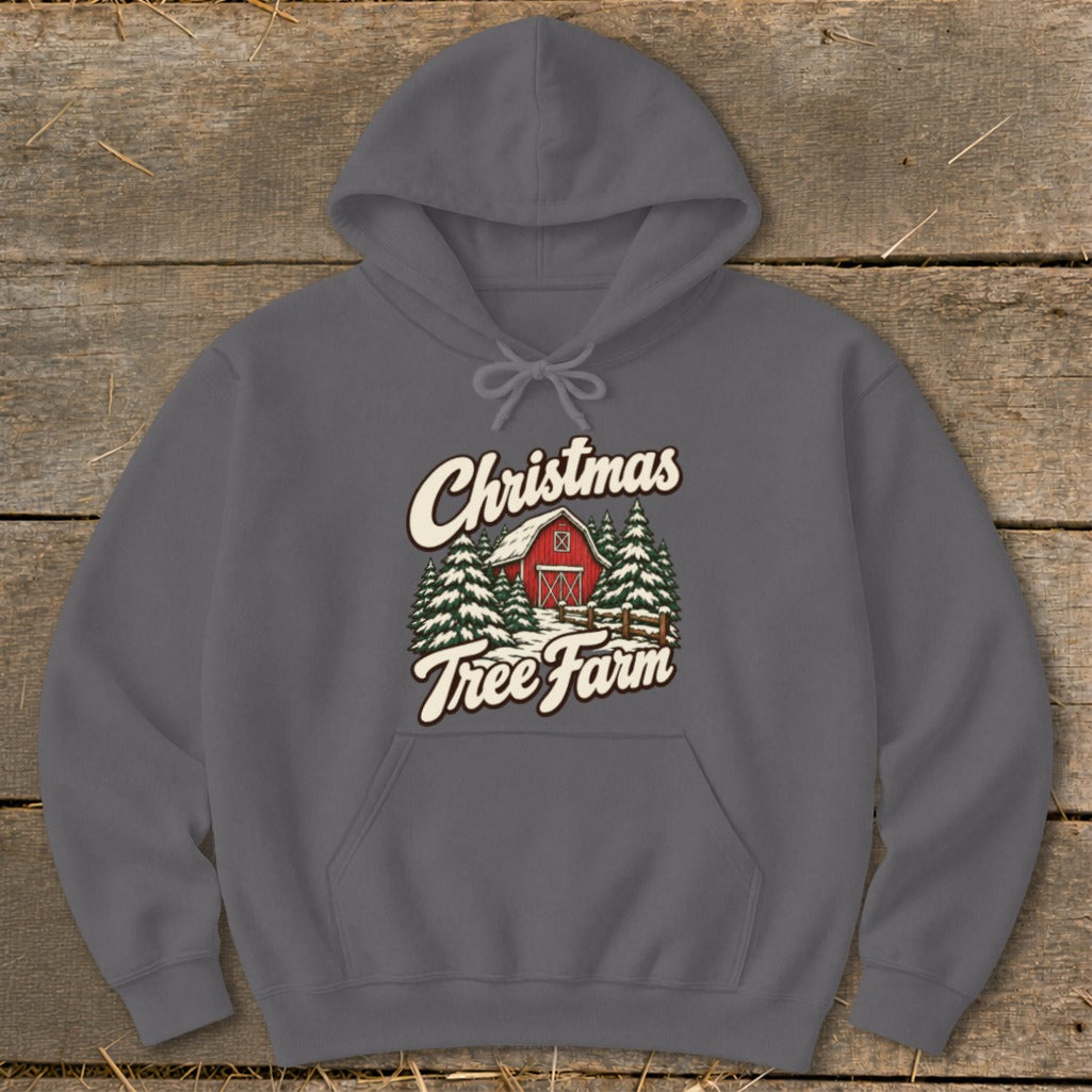 Gray hoodie with a Christmas Tree Farm graphic featuring a red barn and evergreen trees.