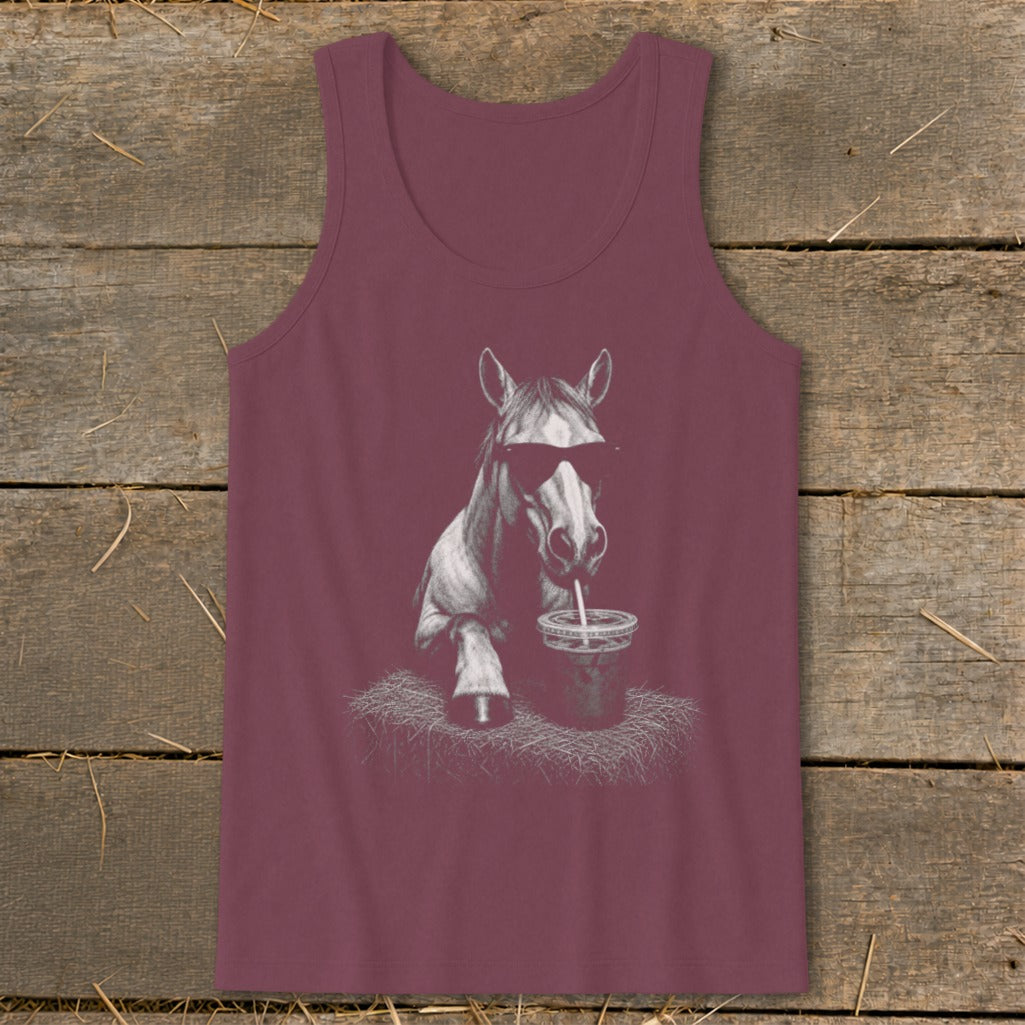 Horse wearing sunglasses drinks from a straw on a maroon tank top.