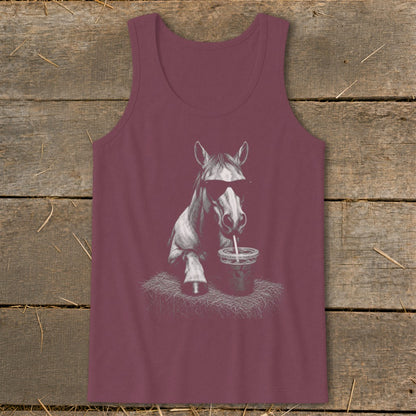 Horse wearing sunglasses drinks from a straw on a maroon tank top.