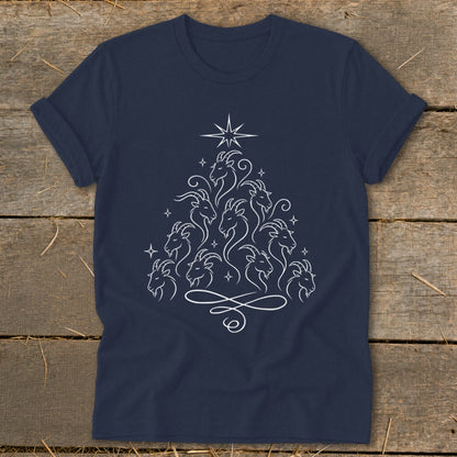 Navy t-shirt with white outline graphic of goats arranged in a Christmas tree shape.