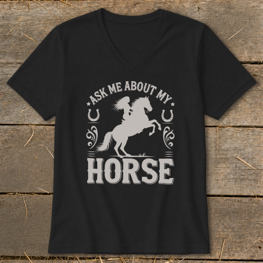 Black t-shirt with "Ask Me About My Horse" graphic featuring a rider and horse.