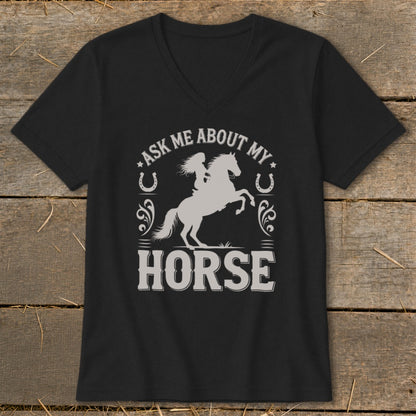 Black t-shirt with "Ask Me About My Horse" graphic featuring a rider and horse.