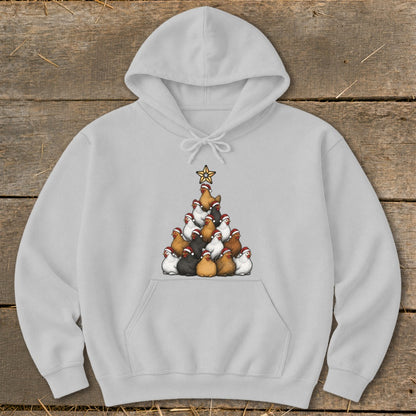 Light grey hoodie with a Christmas tree made of chickens wearing Santa hats and a star.