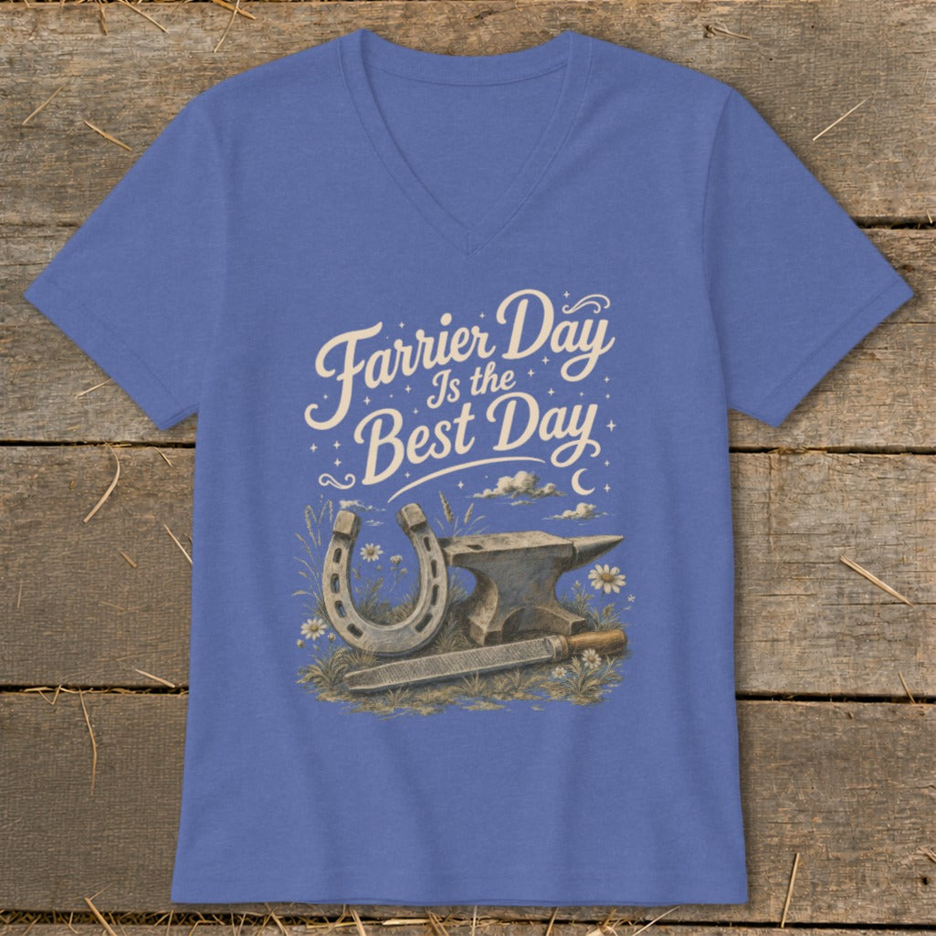 Blue v-neck t-shirt with "Farrier Day Is the Best Day" text and horseshoe, anvil, and rasp design.