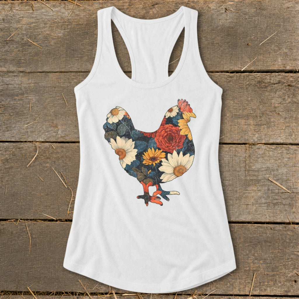White tank top with a floral chicken design.