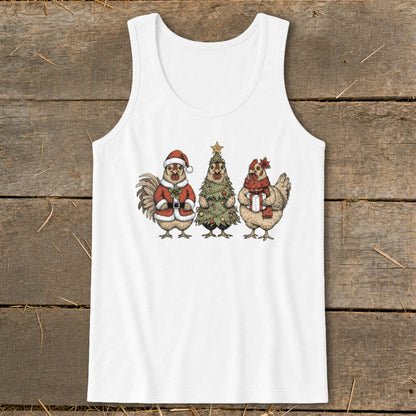 White tank top featuring three cartoon chickens dressed for Christmas.
