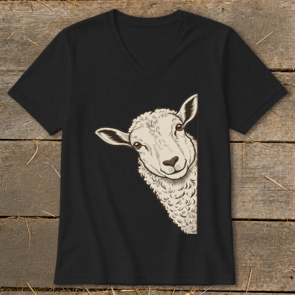 Black t-shirt with a stylized illustration of a sheep peeking from the side.