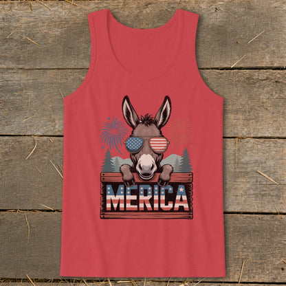 Donkey wearing American flag sunglasses, with "MERICA" text and fireworks.