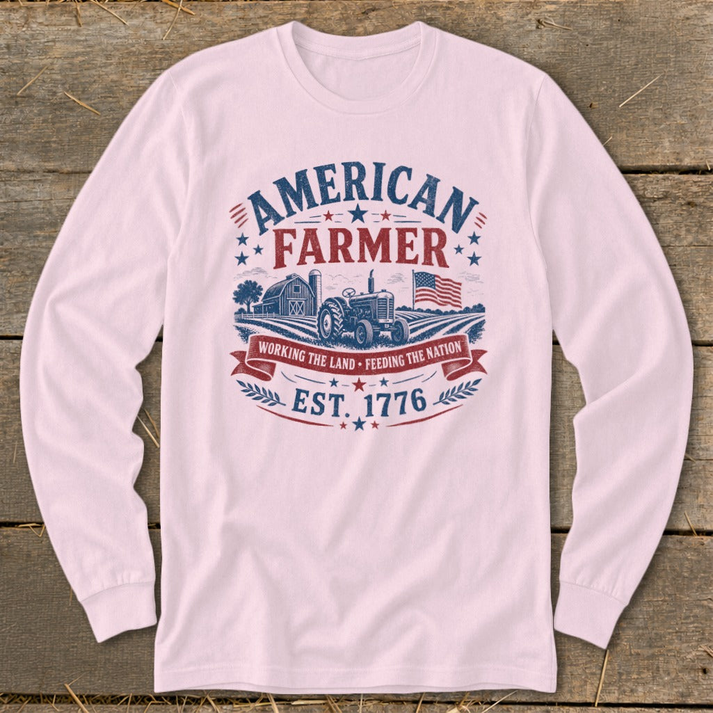 American Farmer graphic with tractor, barn, flag, and text "EST. 1776".