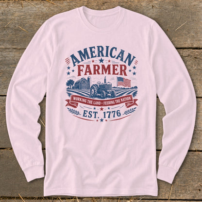 American Farmer graphic with tractor, barn, flag, and text "EST. 1776".