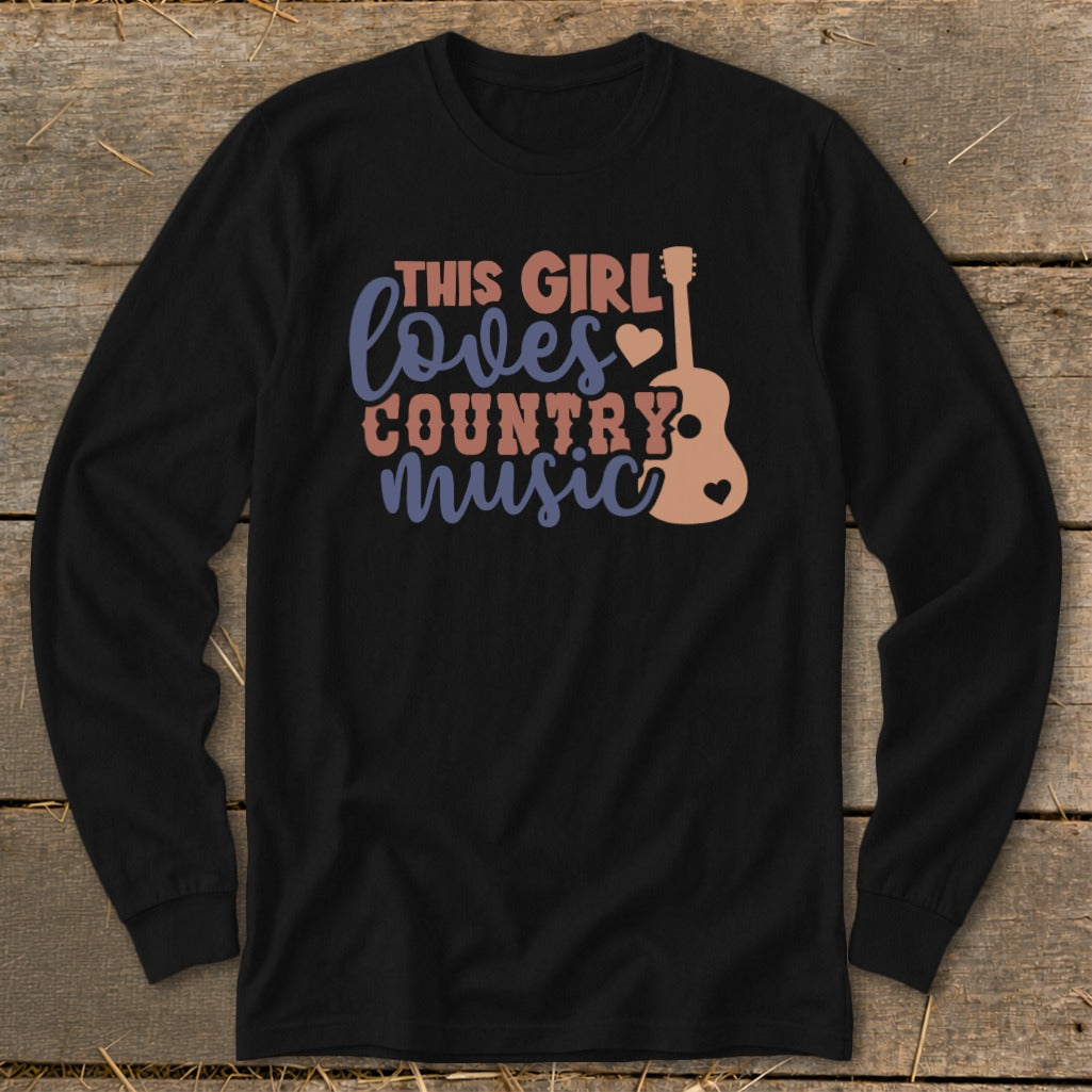 Black long sleeve shirt with "This Girl Loves Country Music" text and guitar graphic.