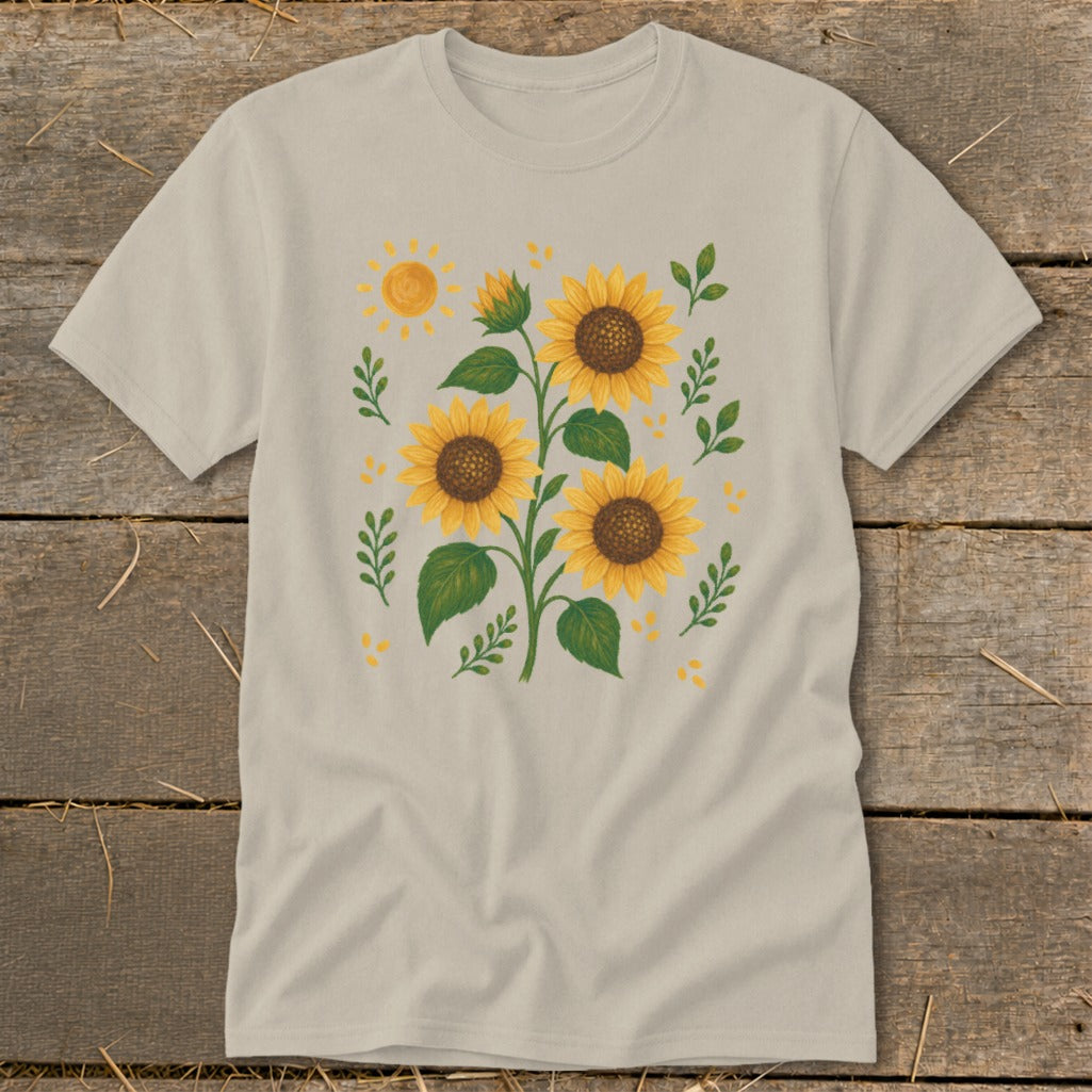 Tan t-shirt with a detailed illustration of sunflowers and a small sun.