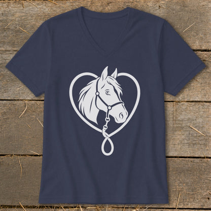 A dark blue V-neck t-shirt featuring a white graphic of a horse's head framed by a heart-shaped rope.
