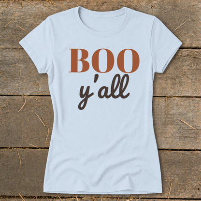 Light blue t-shirt with "BOO y'all" text in brown and orange.