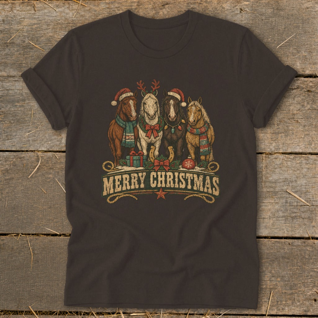 Four horses wear Christmas hats and scarves with "Merry Christmas" text.