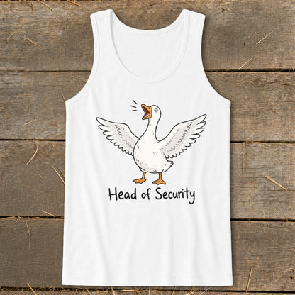 White tank top with cartoon goose and text "Head of Security."