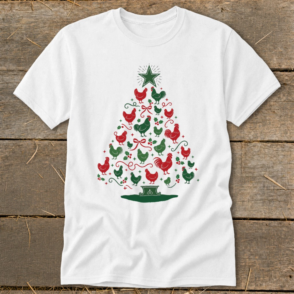 White t-shirt with Christmas tree design featuring red and green chickens.