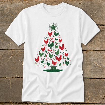 White t-shirt with Christmas tree design featuring red and green chickens.