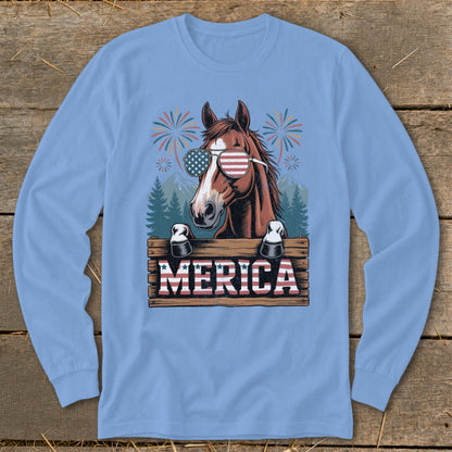 Brown horse wearing American flag sunglasses, with "MERICA" text and fireworks.