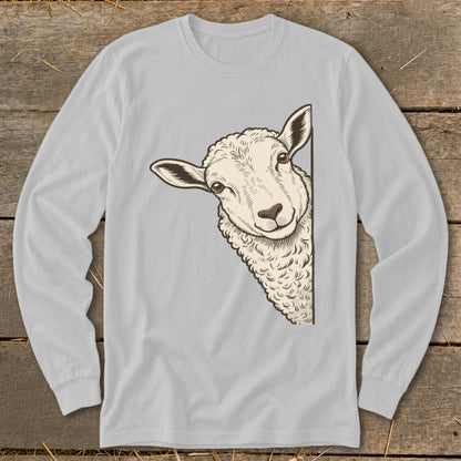 Long-sleeve t-shirt with a curious sheep peeking from the side.