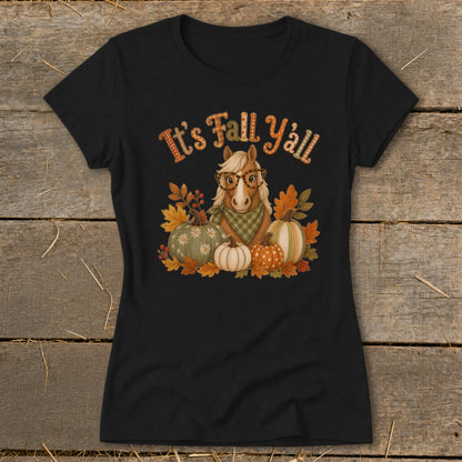 Horse wearing glasses surrounded by pumpkins and autumn leaves with text "It's Fall Y'all".