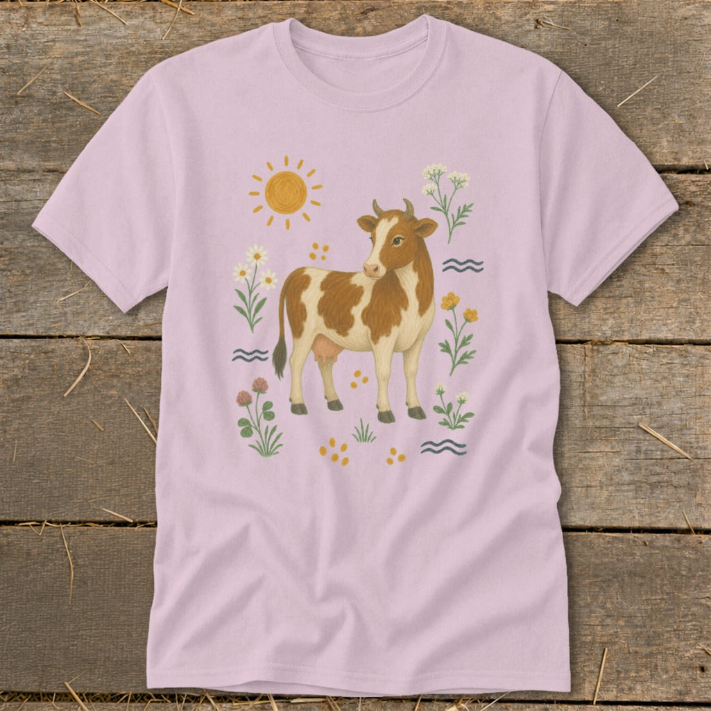 Pink t-shirt with brown and white cow illustration and sun, flowers, and wavy lines.